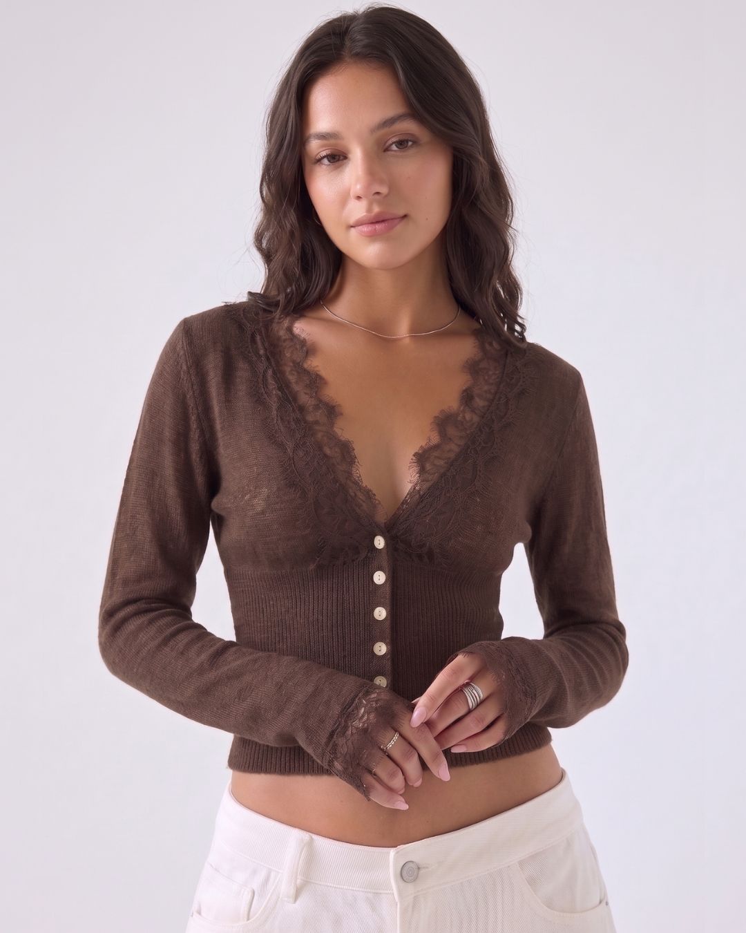 Lace-Trim Sheer Knit Cropped Cardigan