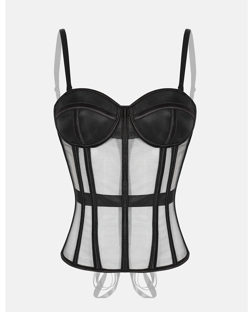 French Vintage Sheer Mesh Boned Corset Bustier Top