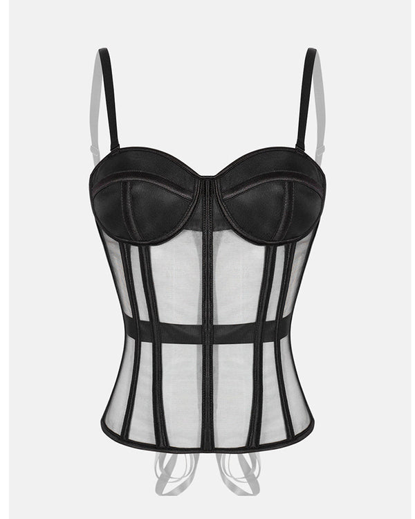 French Vintage Sheer Mesh Boned Corset Bustier Top