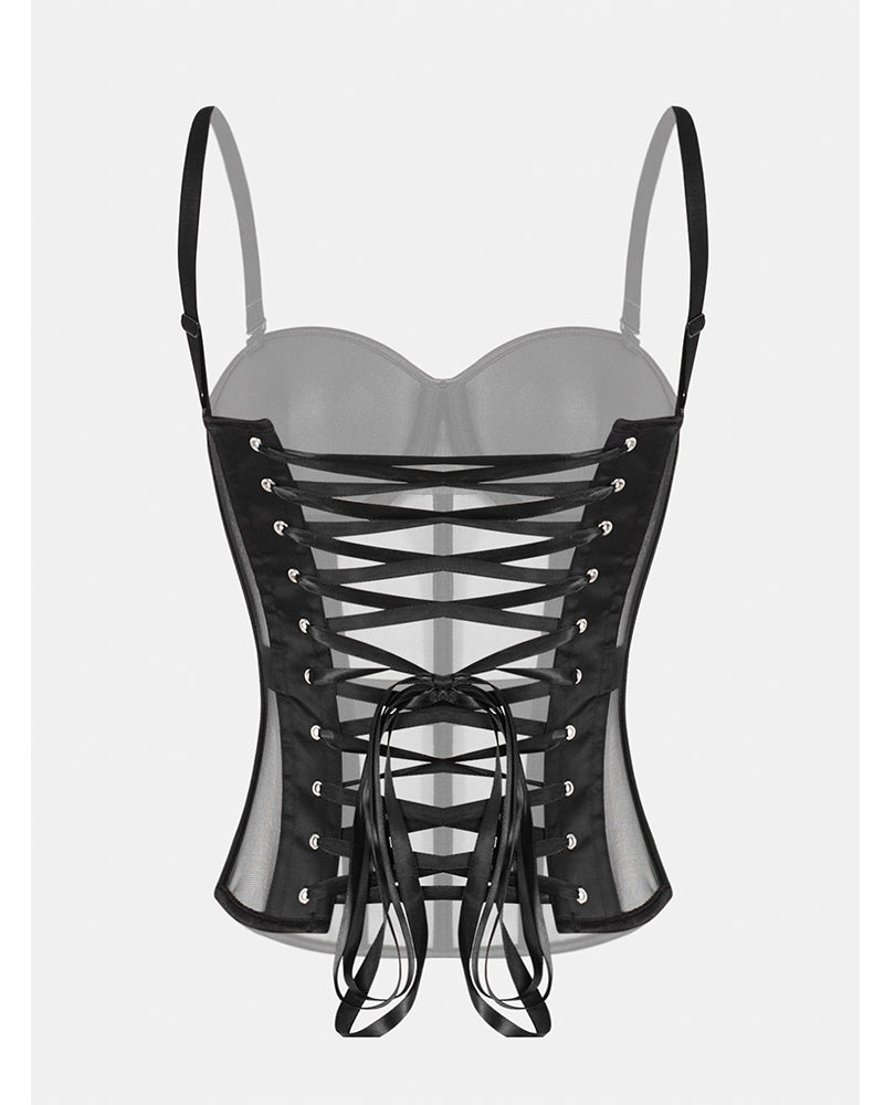 French Vintage Sheer Mesh Boned Corset Bustier Top