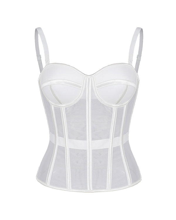 French Vintage Sheer Mesh Boned Corset Bustier Top