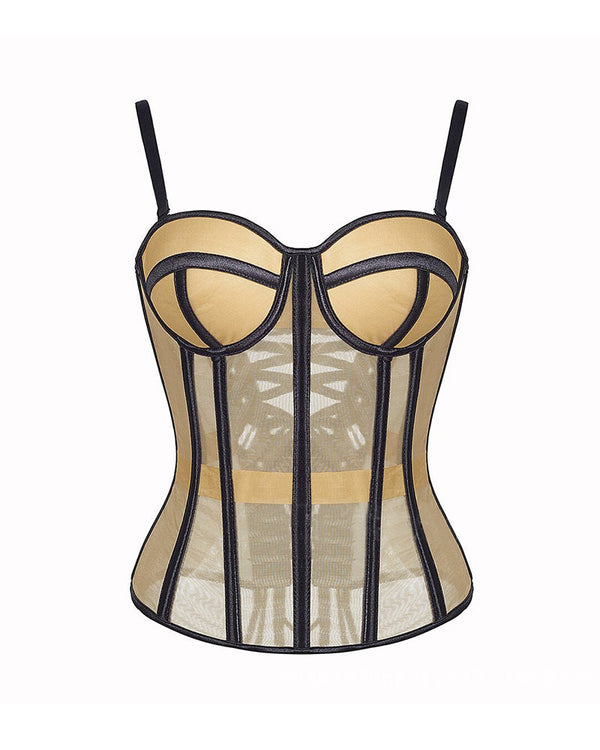 French Vintage Sheer Mesh Boned Corset Bustier Top