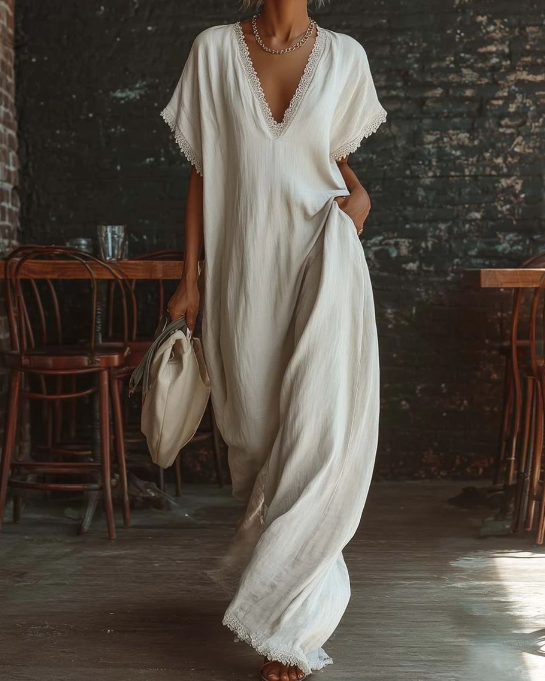 Lace-Trim Linen Cotton Maxi Dress