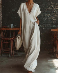 Lace-Trim Linen Cotton Maxi Dress