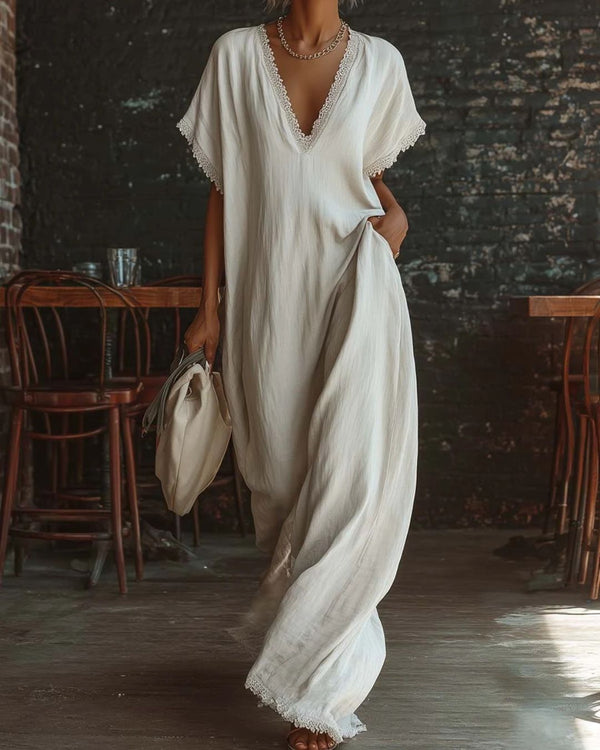 Lace-Trim Linen Cotton Maxi Dress