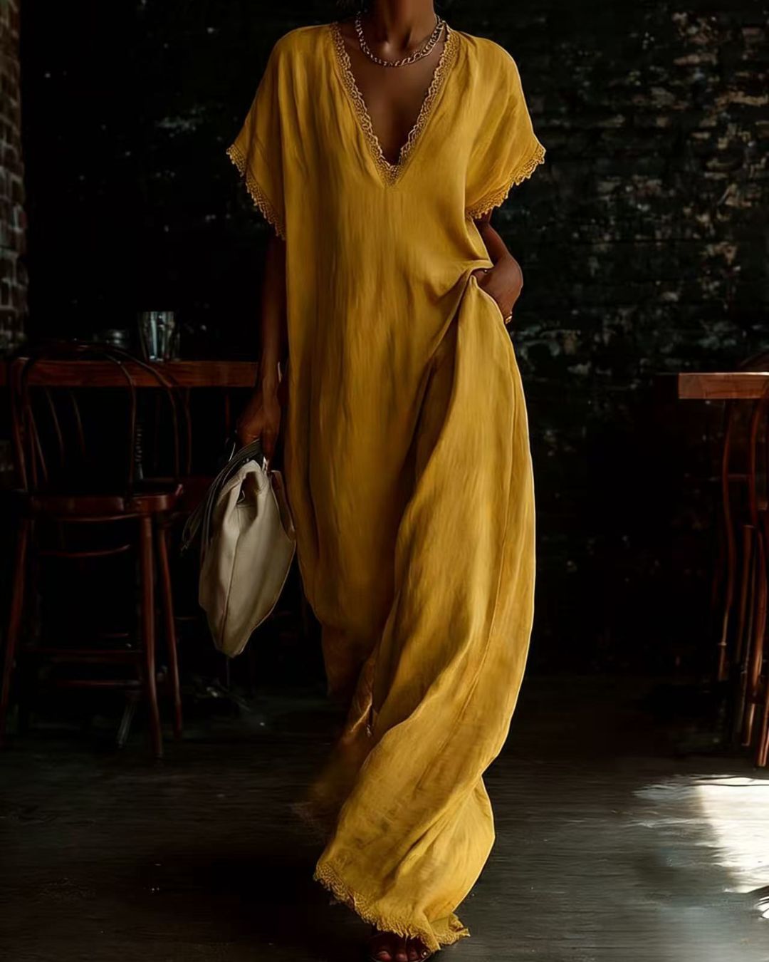 Lace-Trim Linen Cotton Maxi Dress