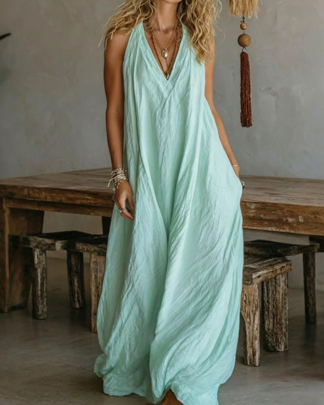 Flowy Boho V-Neck Halter Maxi Dress
