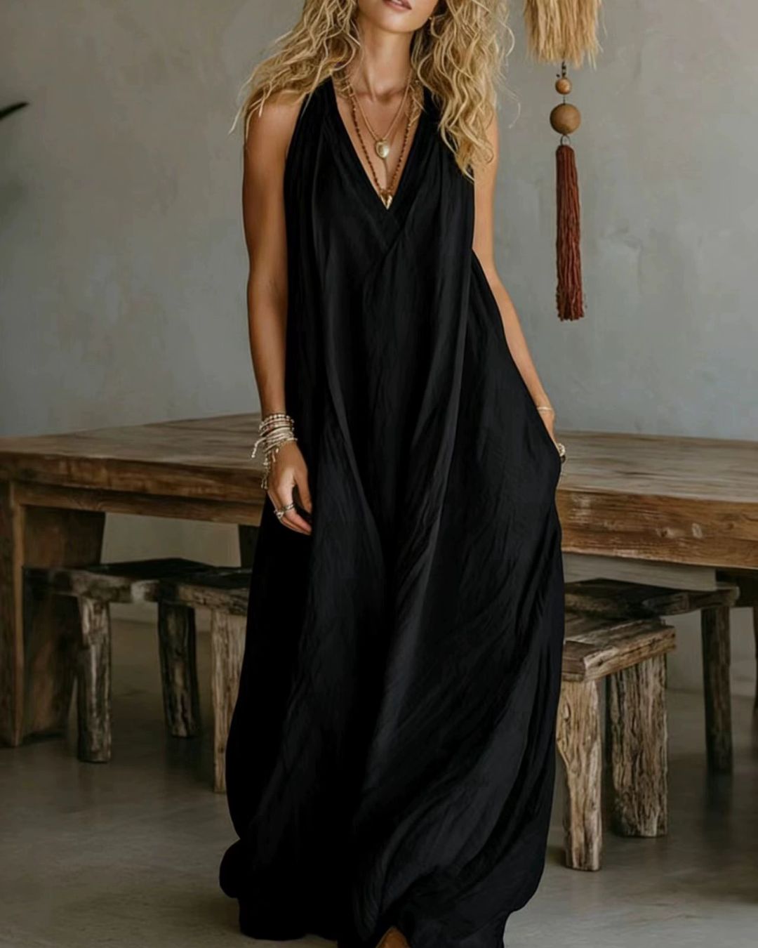 Flowy Boho V-Neck Halter Maxi Dress
