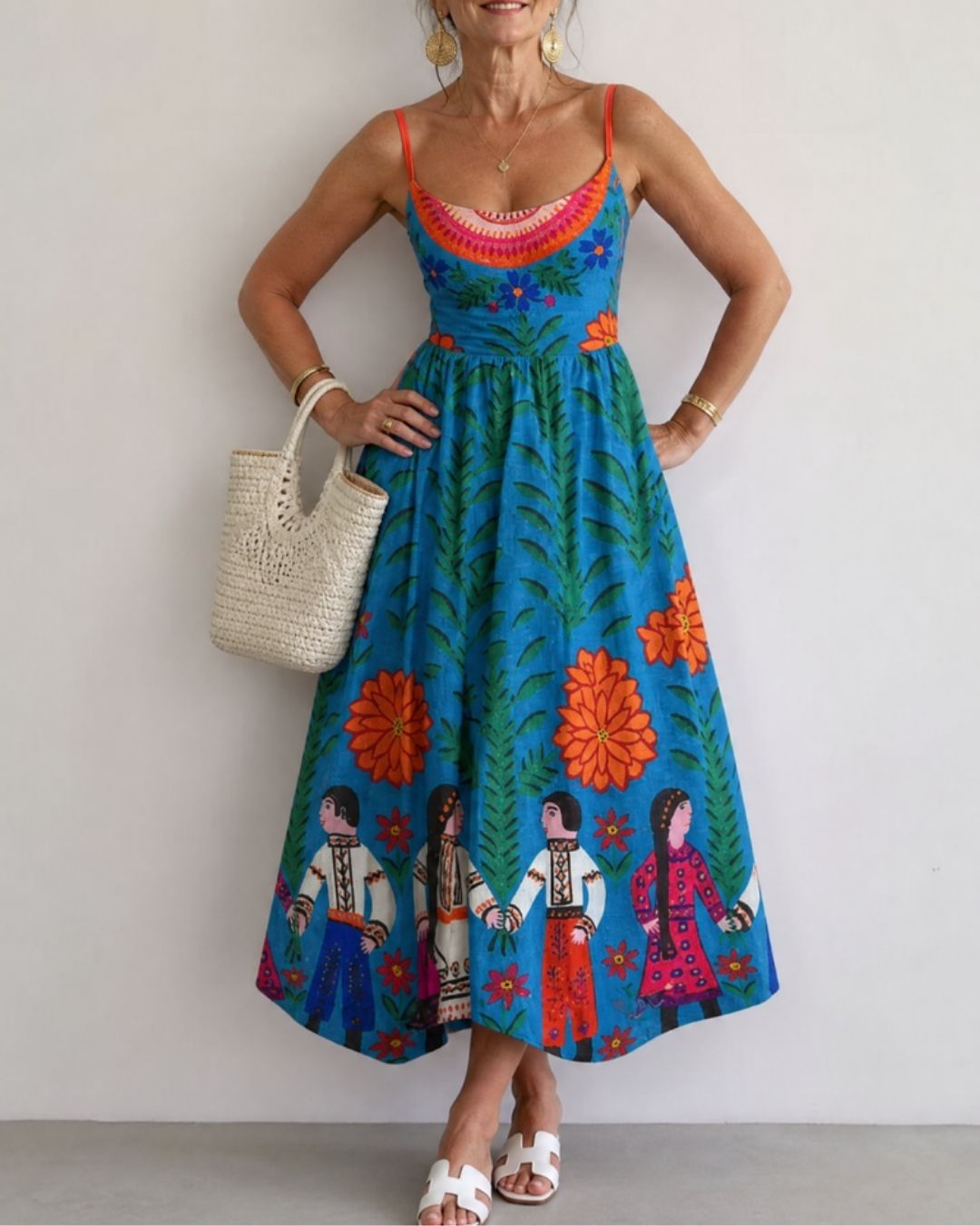 Folk Print Sleeveless Midi Dress