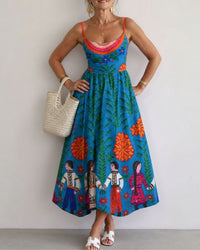 Folk Print Sleeveless Midi Dress