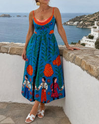 Folk Print Sleeveless Midi Dress