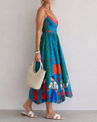 Folk Print Sleeveless Midi Dress
