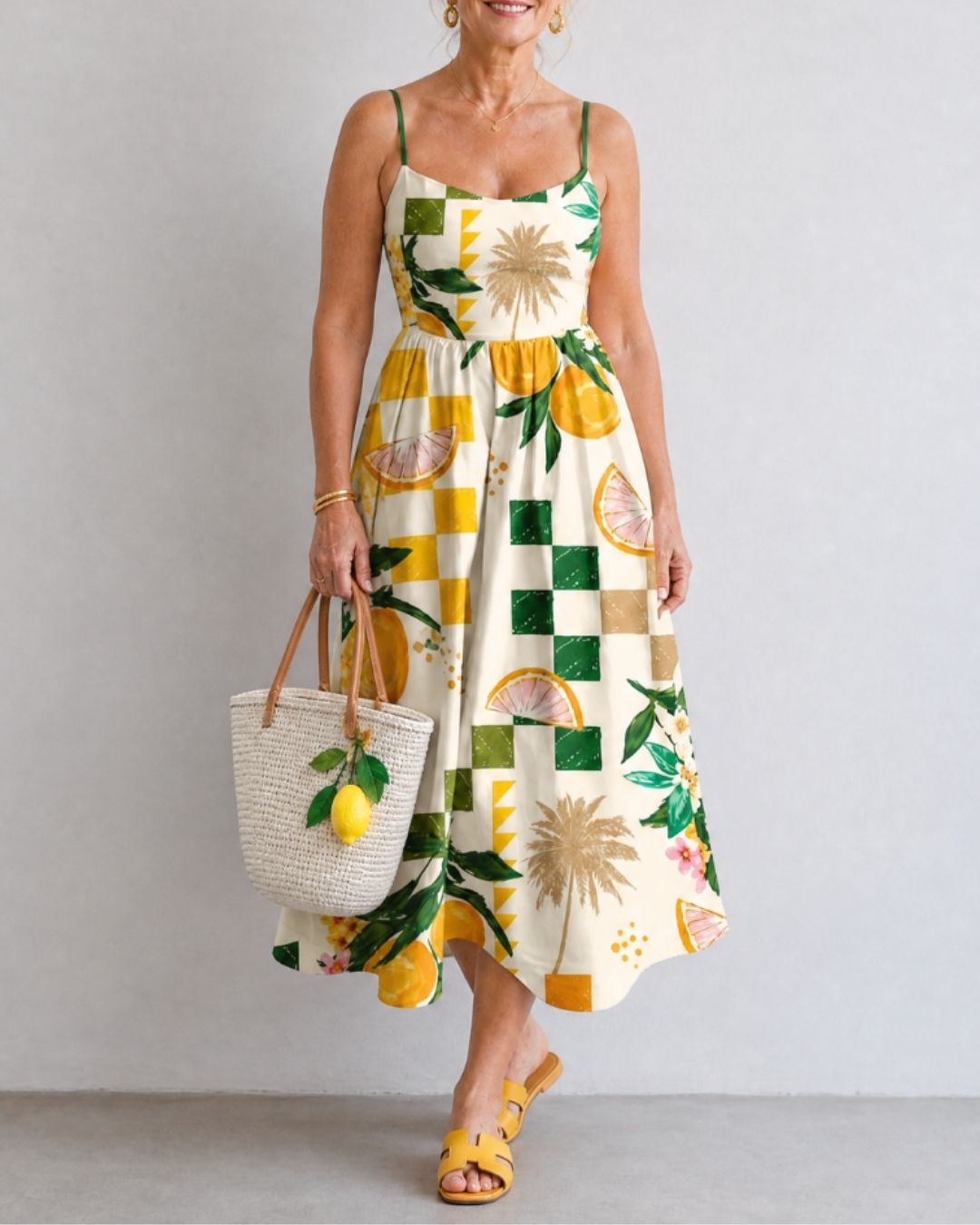 Citrus Print Sleeveless Midi Dress