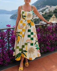 Citrus Print Sleeveless Midi Dress