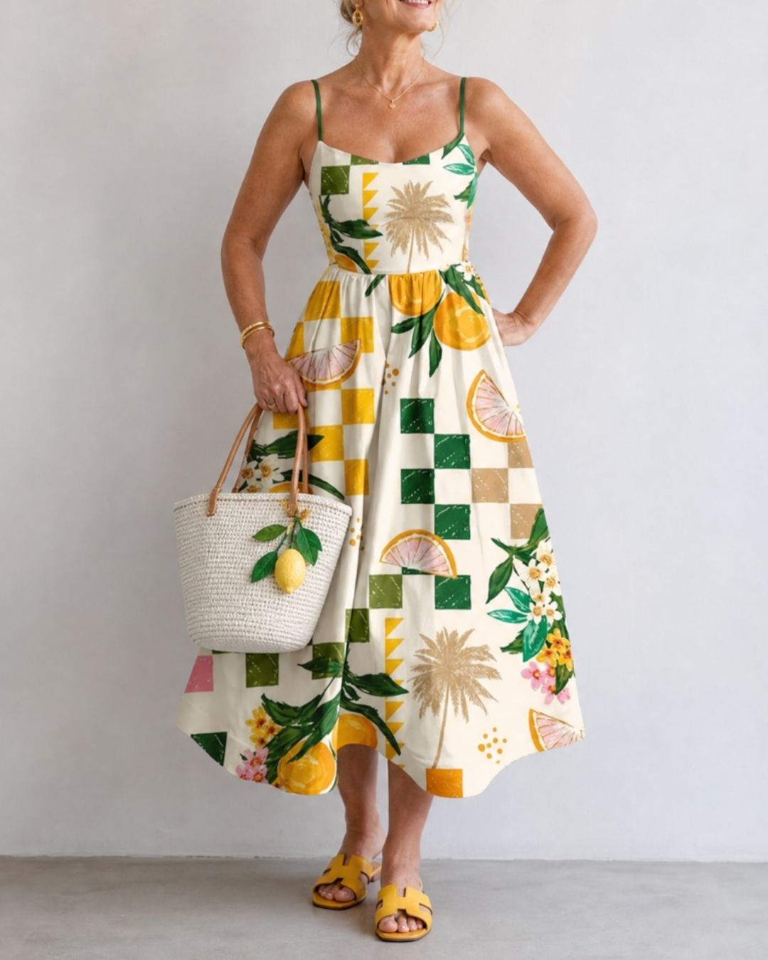 Citrus Print Sleeveless Midi Dress