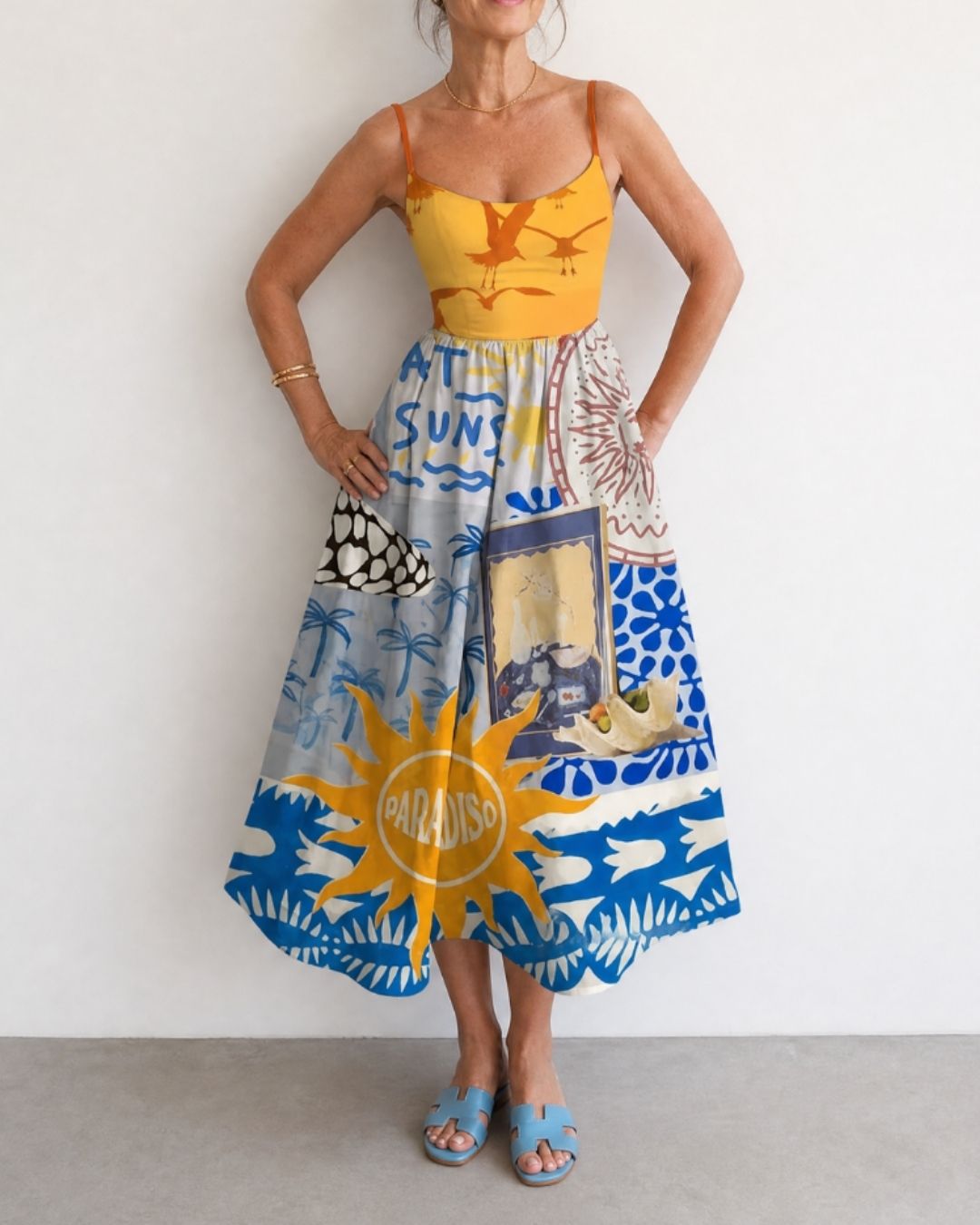 Coastal Print Sleeveless Midi Dress