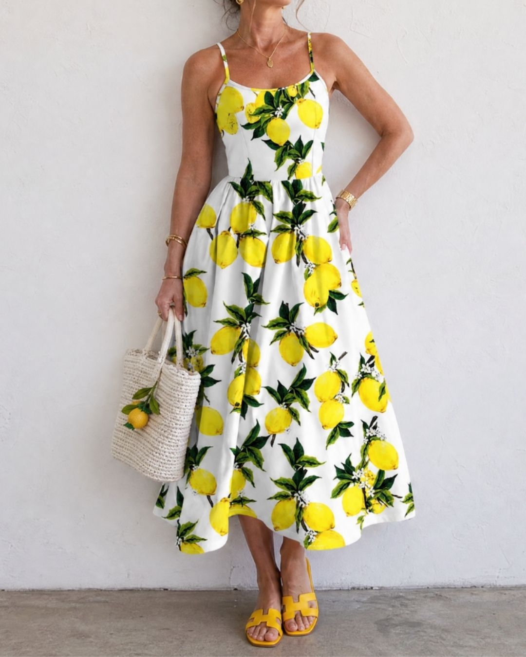 Lemon Print Sleeveless Midi Dress