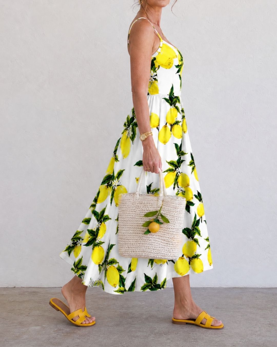 Lemon Print Sleeveless Midi Dress