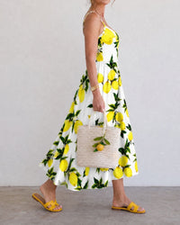 Lemon Print Sleeveless Midi Dress
