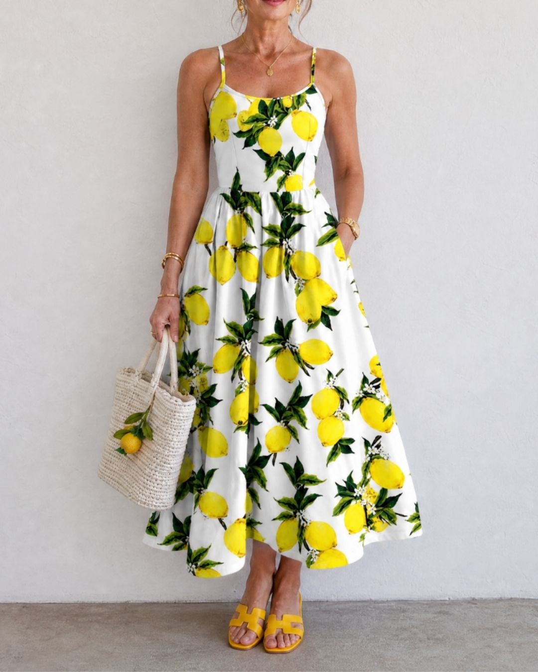 Lemon Print Sleeveless Midi Dress