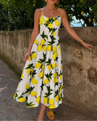 Lemon Print Sleeveless Midi Dress