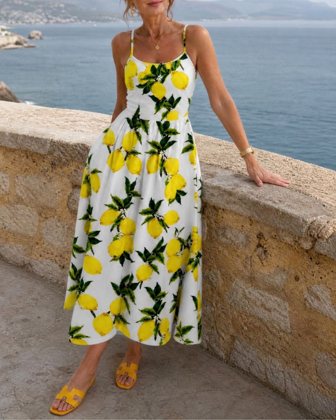 Lemon Print Sleeveless Midi Dress
