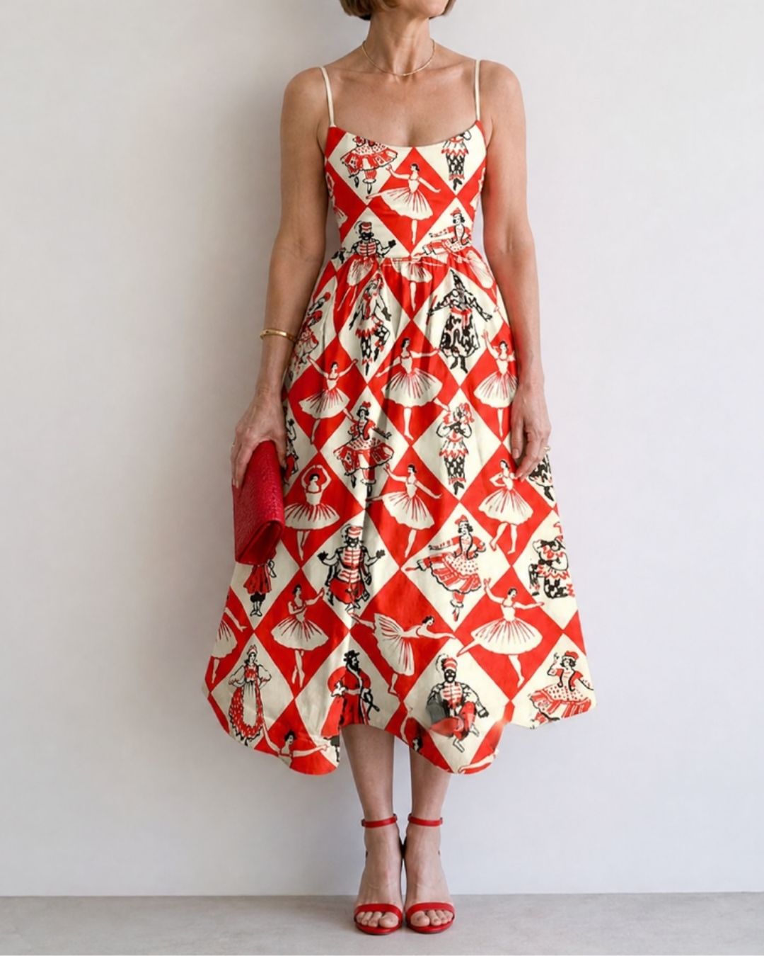 Diamond Print Sleeveless Midi Dress