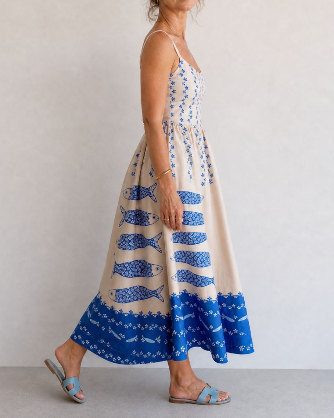 Fish Print Sleeveless Midi Dress
