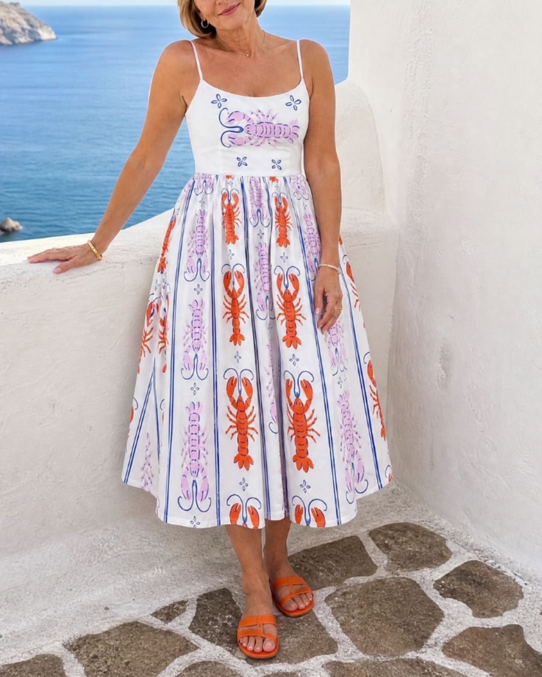 Lobster Print Sleeveless Midi Dress