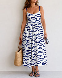 Fish Print Sleeveless Midi Dress