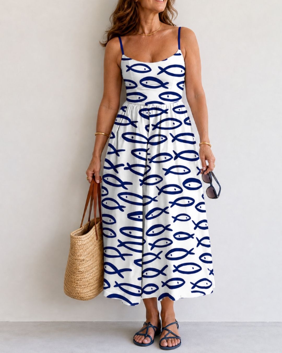 Fish Print Sleeveless Midi Dress