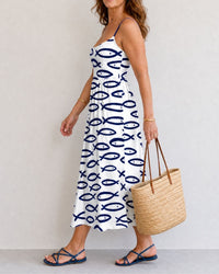 Fish Print Sleeveless Midi Dress
