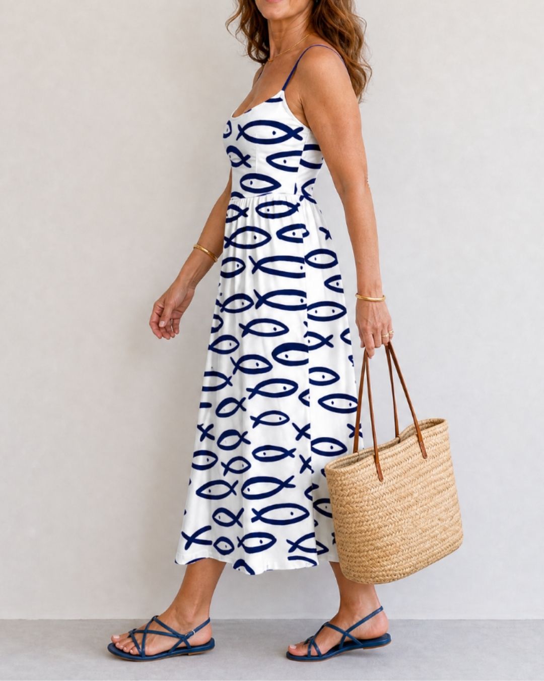 Fish Print Sleeveless Midi Dress
