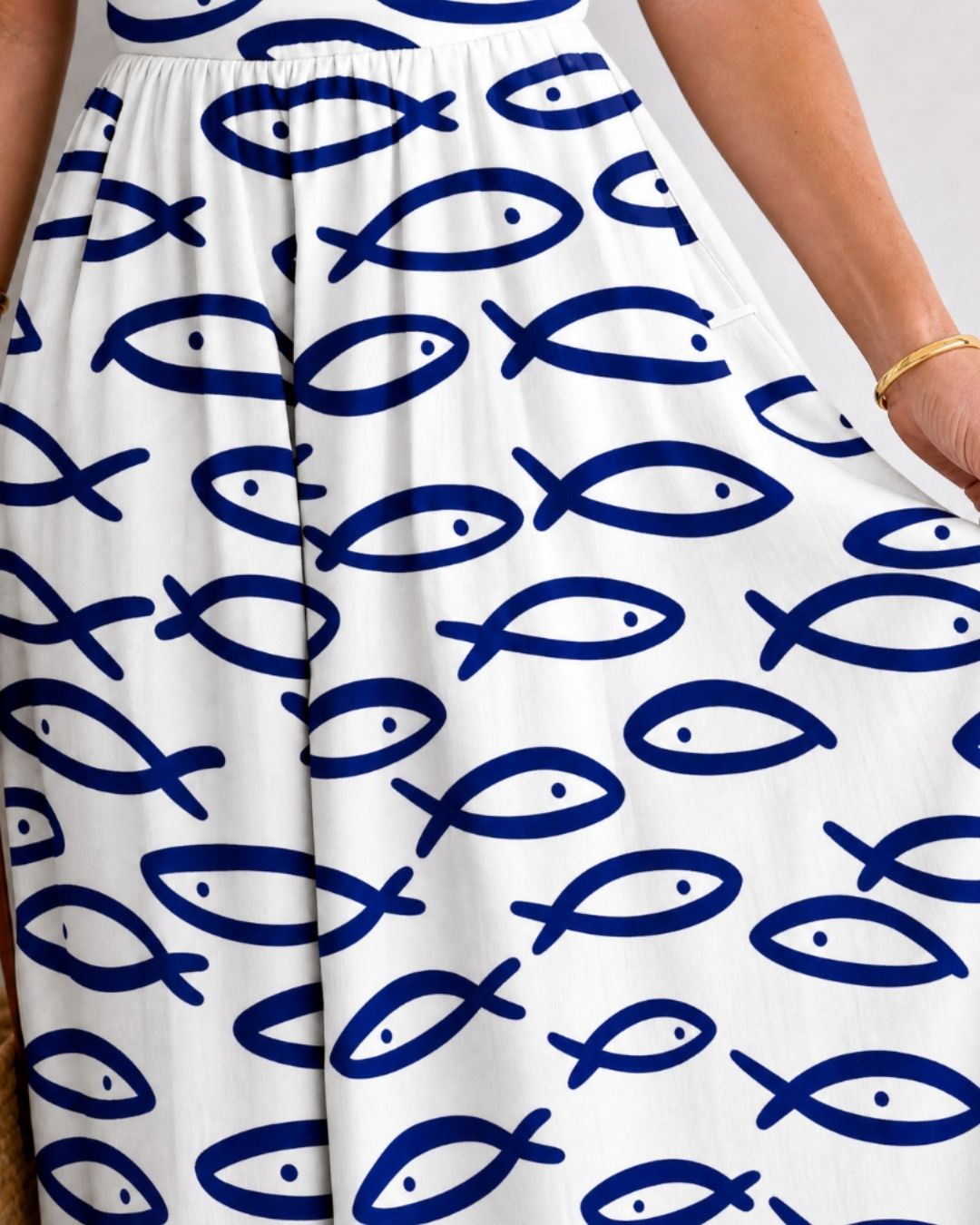 Fish Print Sleeveless Midi Dress