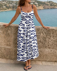 Fish Print Sleeveless Midi Dress