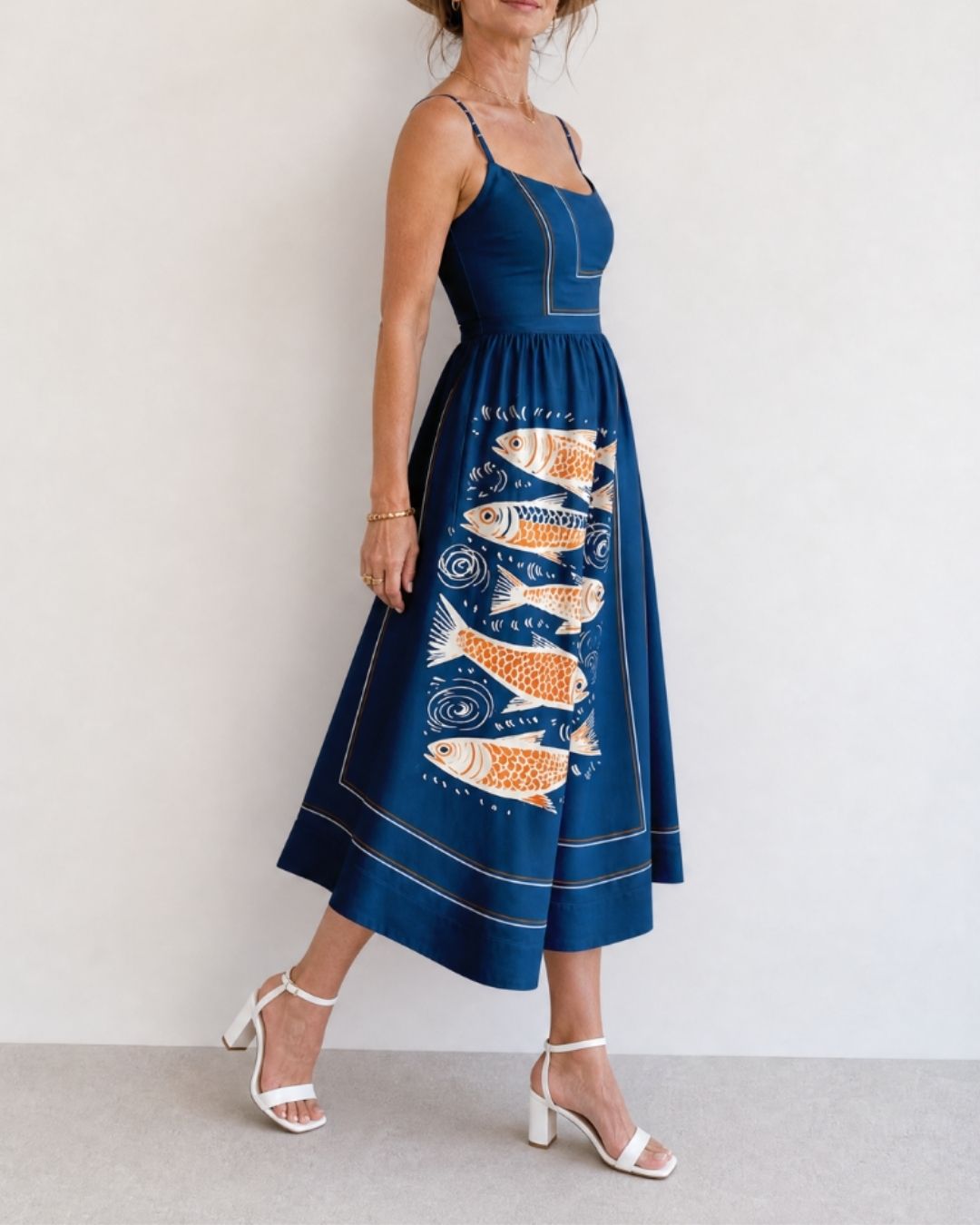 Fish Print Sleeveless Midi Dress