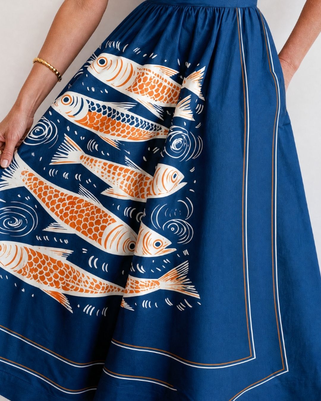 Fish Print Sleeveless Midi Dress