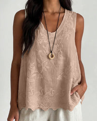 Vintage Floral Embroidered Cotton Linen Sleeveless Top