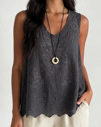 Vintage Floral Embroidered Cotton Linen Sleeveless Top