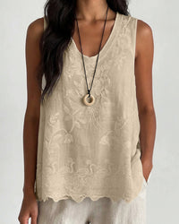Vintage Floral Embroidered Cotton Linen Sleeveless Top