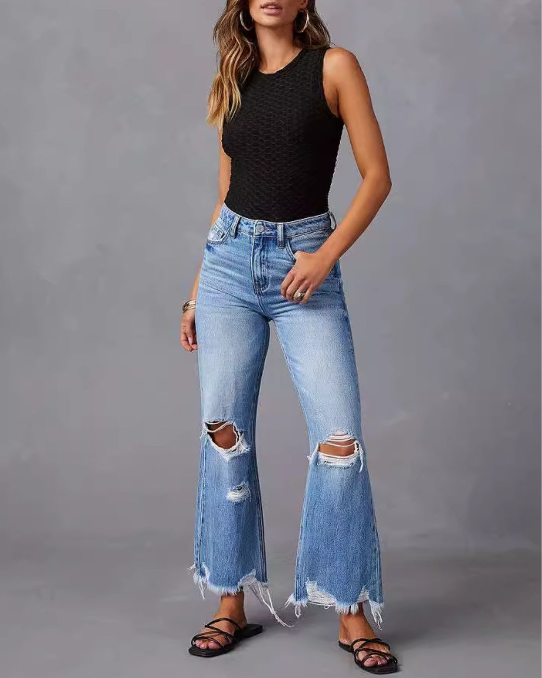 Distressed Mid-Rise Flared Jeans