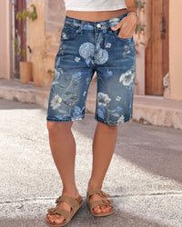 Floral High-Waist Denim Shorts