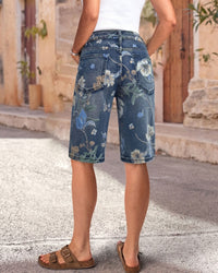 Floral High-Waist Denim Shorts