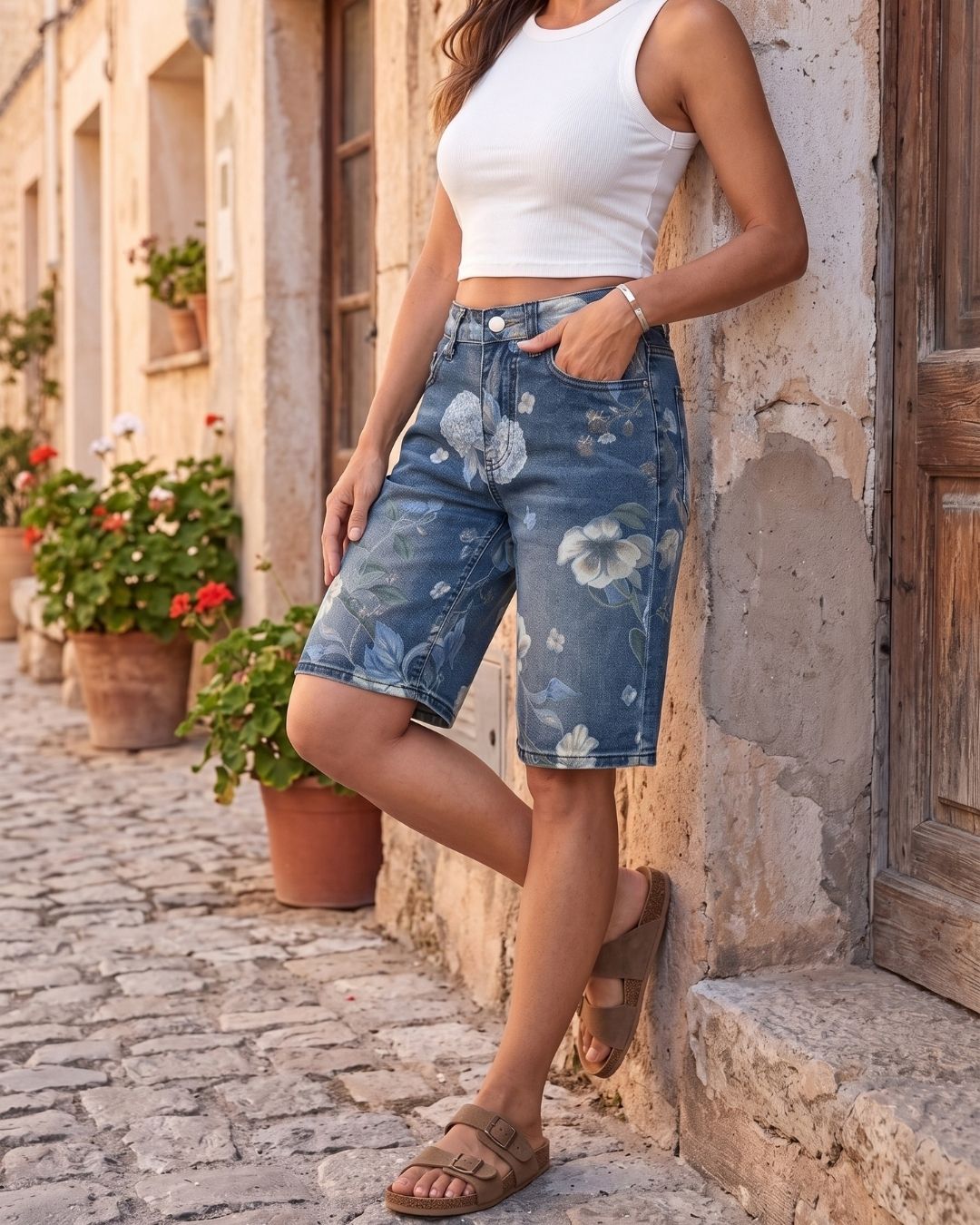 Floral High-Waist Denim Shorts