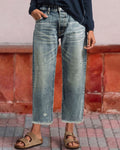 Raw-Hem Mid-Rise Cropped Straight Jeans