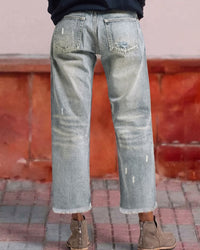 Raw-Hem Mid-Rise Cropped Straight Jeans