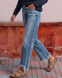 Raw-Hem Mid-Rise Cropped Straight Jeans