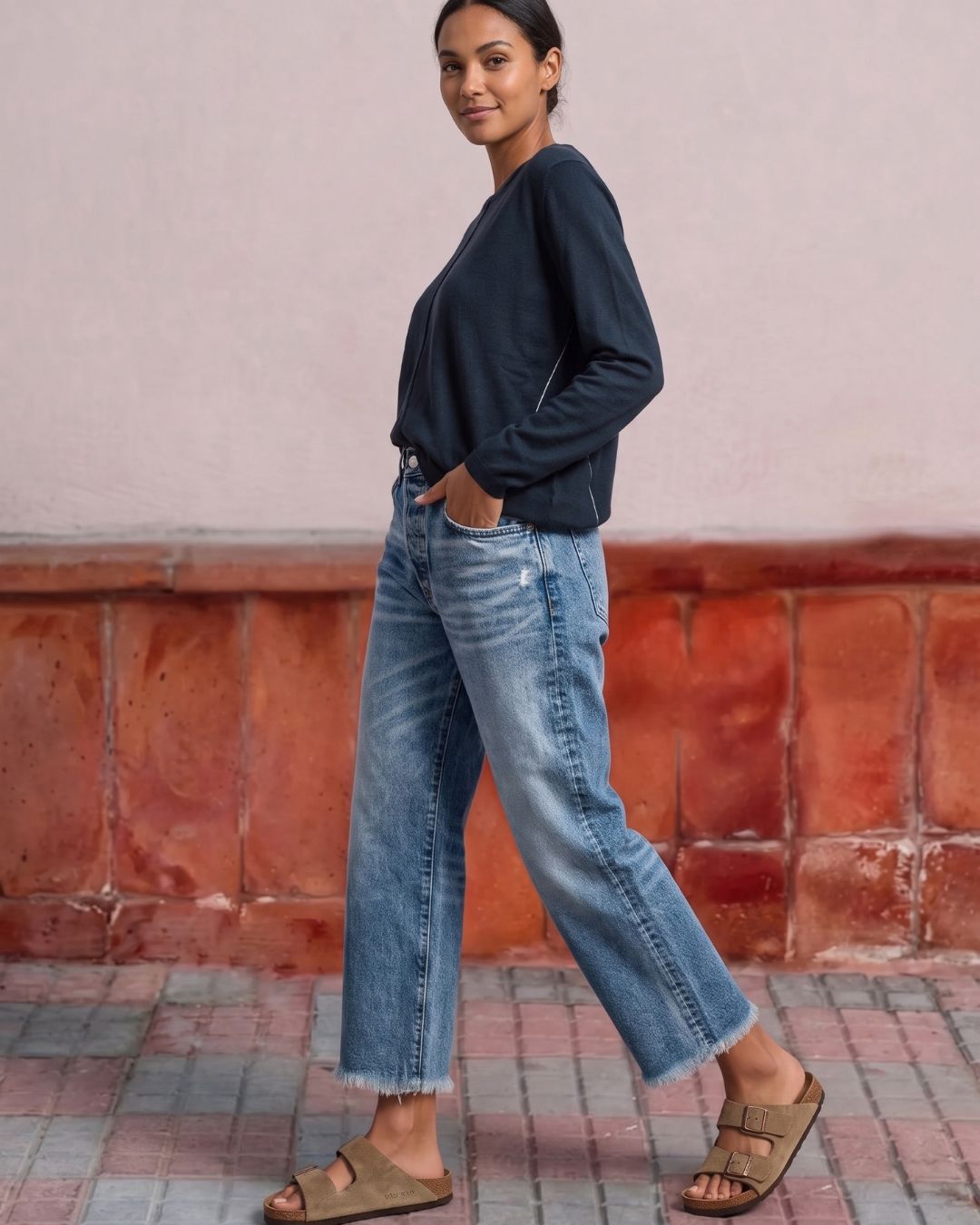Raw-Hem Mid-Rise Cropped Straight Jeans