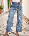 Floral-Stitch Mid-Waist Straight Jeans