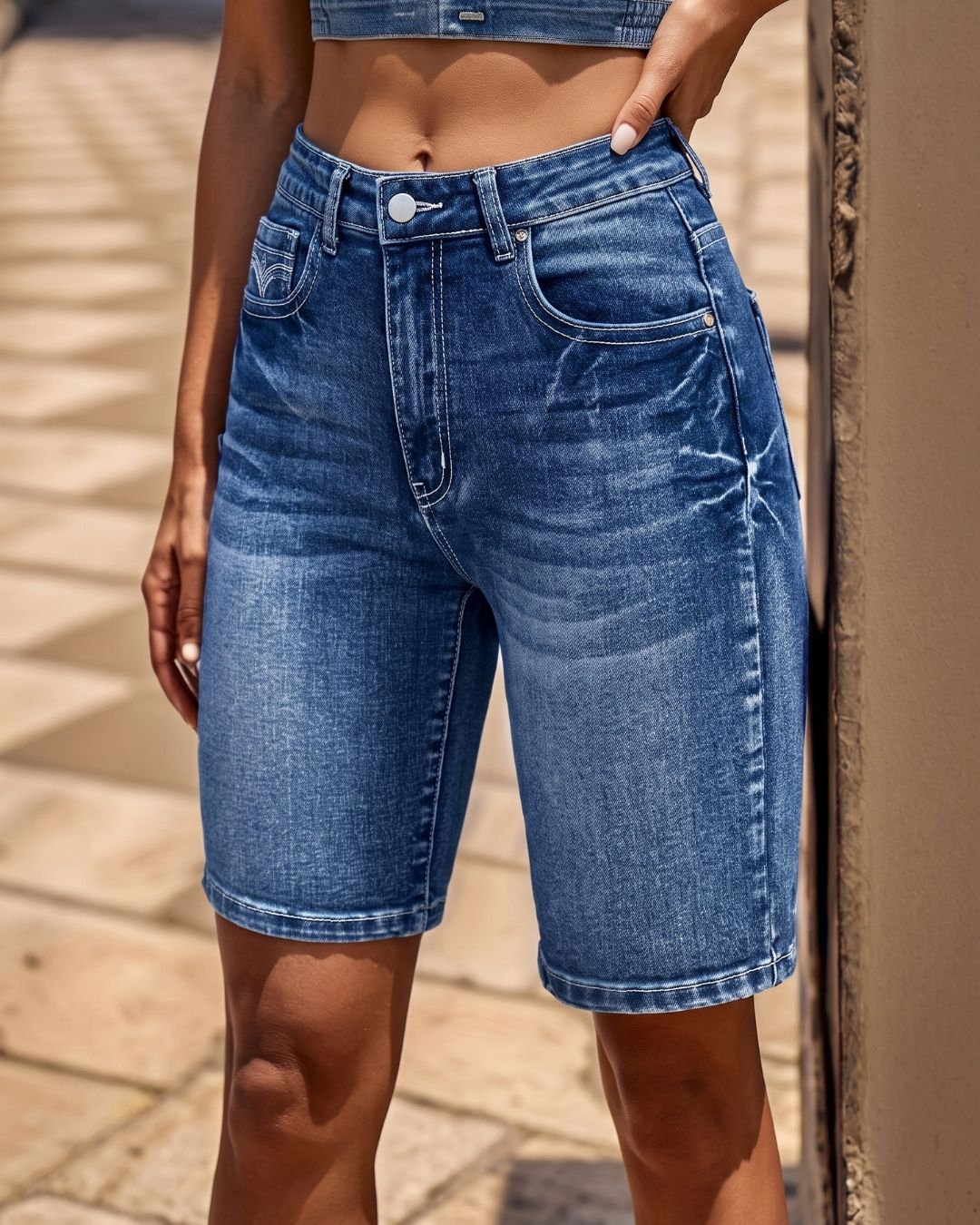 Embroidered Mid-Waist Denim Bermuda Shorts